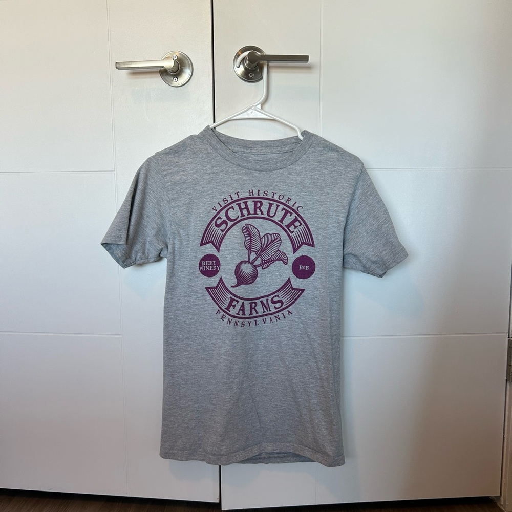 Ripple Junction Schrute Farms Gray Short Sleeve Tee with Purple Graphic